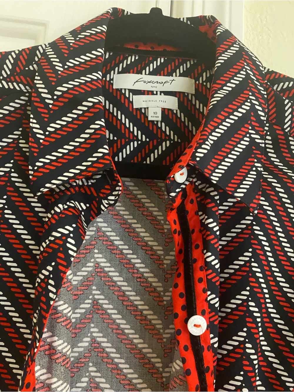 Foxcroft Red Black White Chevron Print Button-Down Blouse